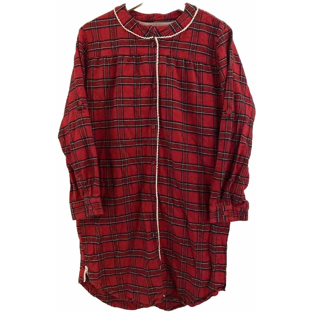 Lee Valley Ireland Plaid Cotton Flannel Nightgown Medium Sleep Shirt Dress Red